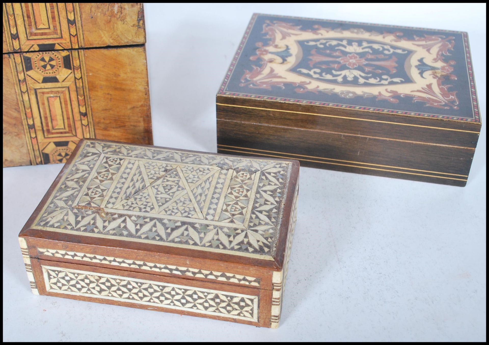 A collection of various boxes to include a 19th Century Tunbridge ware work box, a lacquered - Bild 4 aus 7