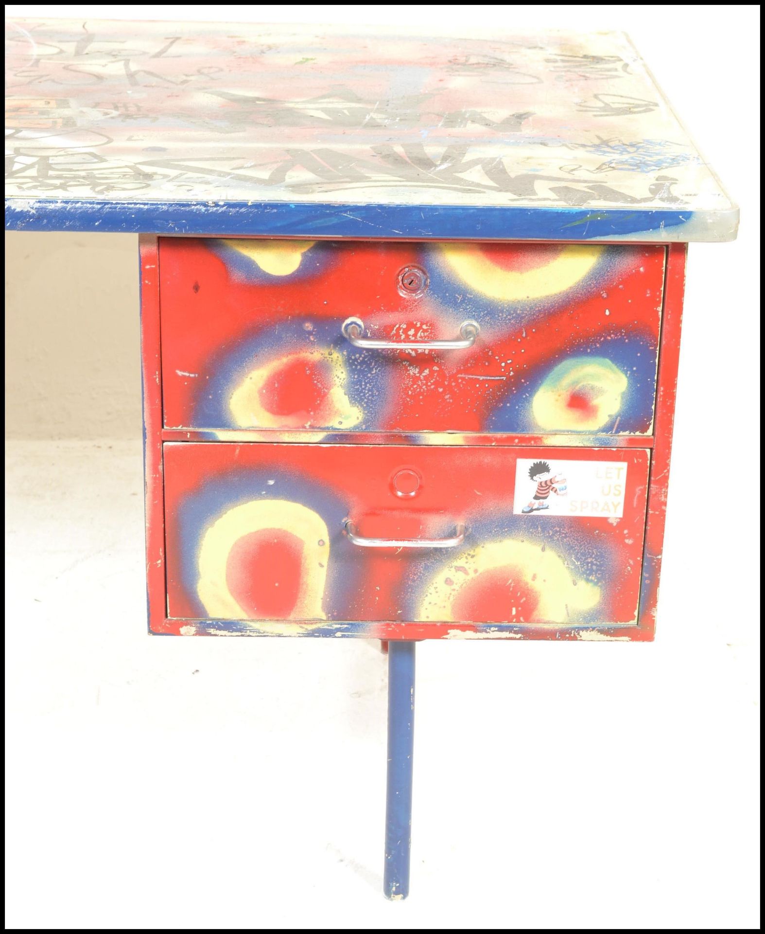 A mid century metal Industrial desk being upcycled with Graffiti  and spray painted finish having - Image 4 of 9