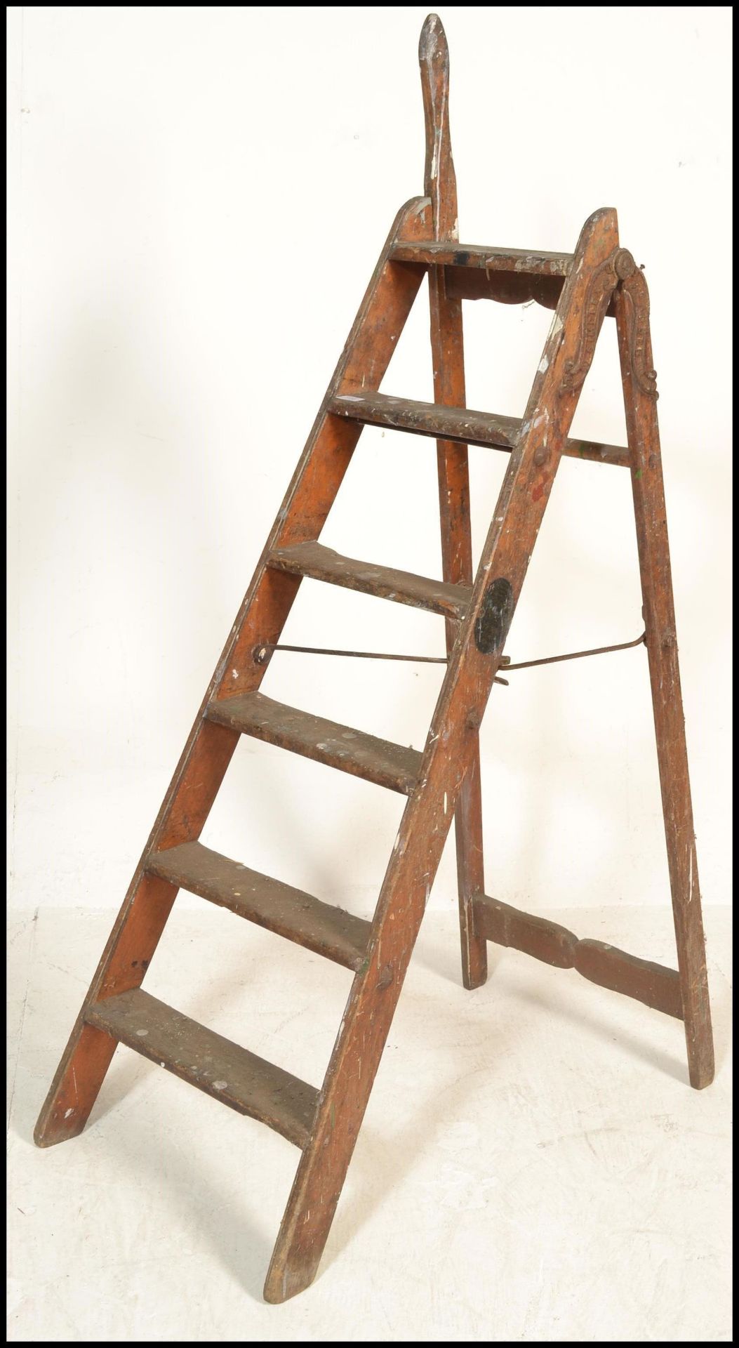 An early 20th Century pine and iron mounted ' Simplex Ladder ', with Self Acting Stop, Patent No.