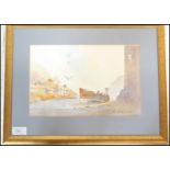 J T Culpan - watercolour painting on paper depicting fisherman unloading a moored boat water side,