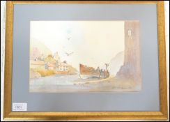 J T Culpan - watercolour painting on paper depicting fisherman unloading a moored boat water side,