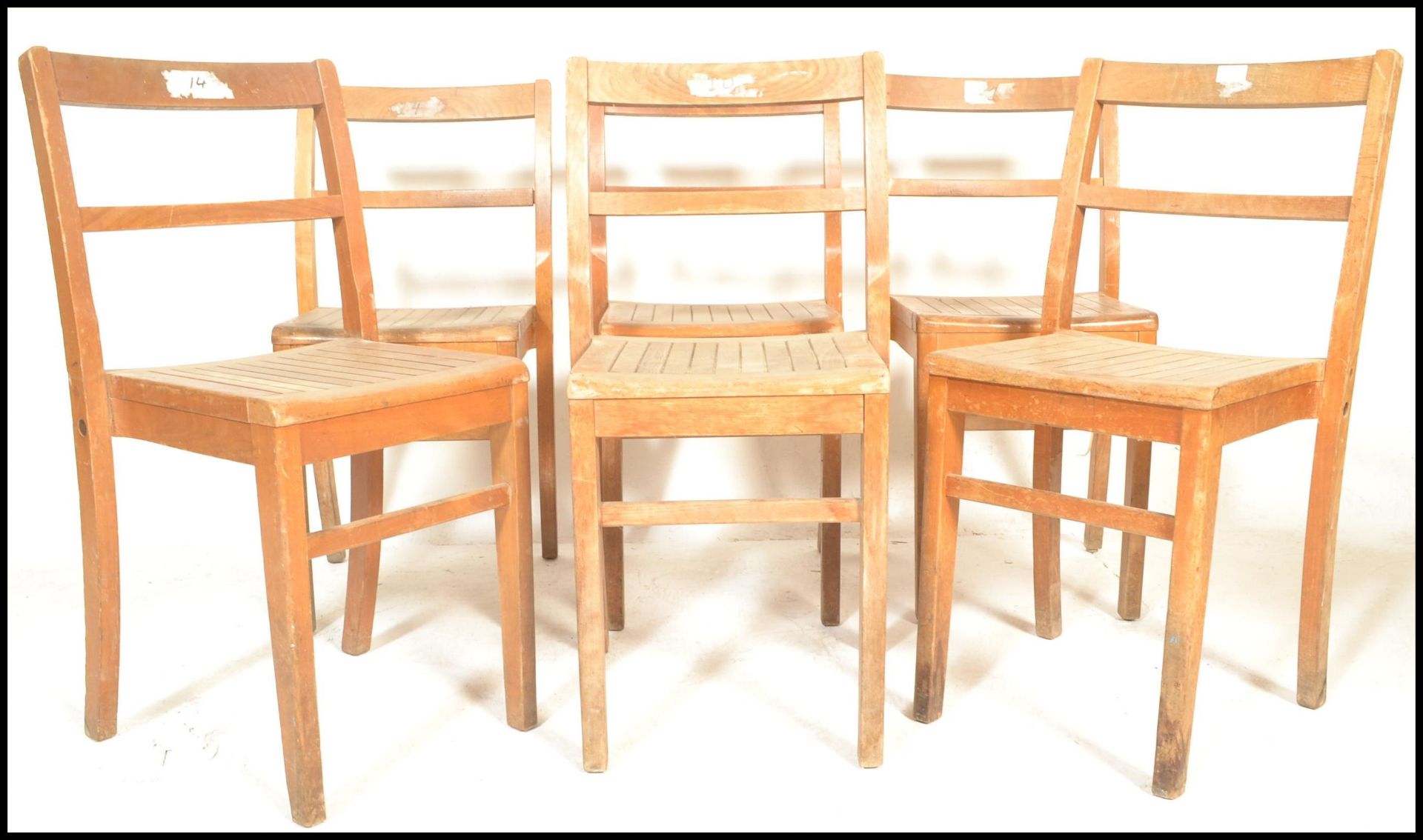 A set of 6 mid 20th century beech wood school / village hall dining chairs. Each with beech wood