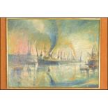 A 20th Century oil on board impressionist style painting depicting London's shipping docks, an
