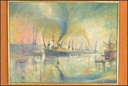 A 20th Century oil on board impressionist style painting depicting London's shipping docks, an