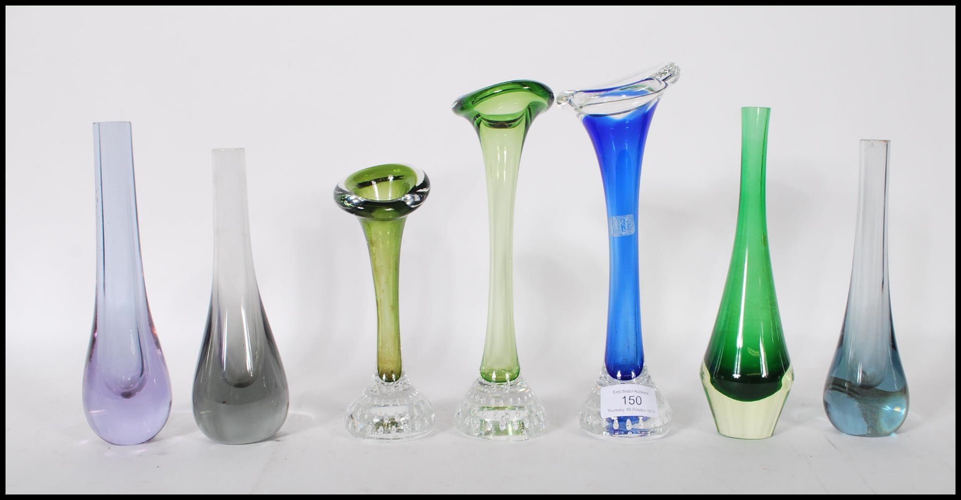 A collection of mid 20th Century vintage retro studio glass vases to include three coloured