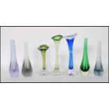 A collection of mid 20th Century vintage retro studio glass vases to include three coloured