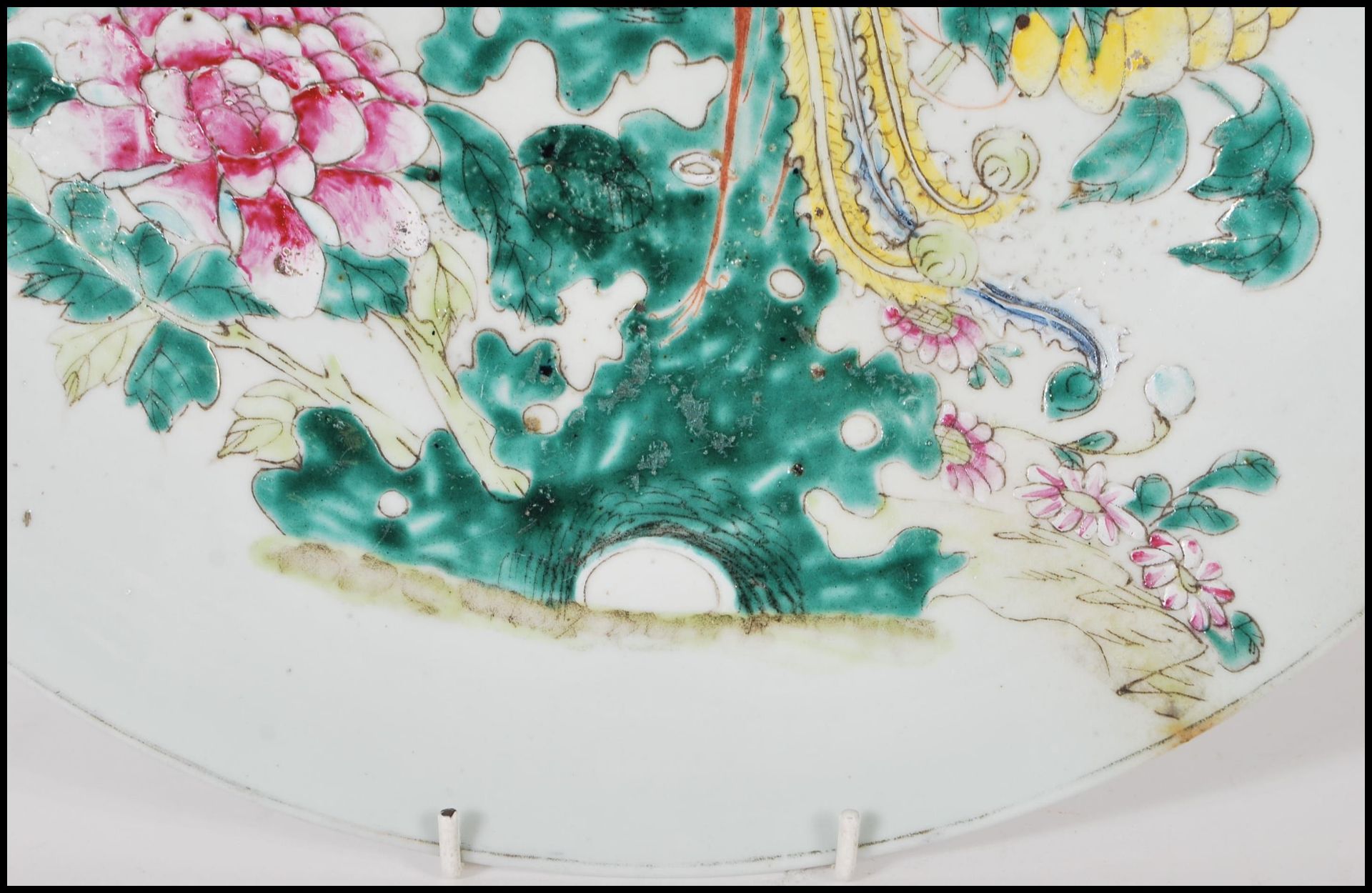 A large 19th Century Chinese Canton wall charger plate of round form having a celadon ground, - Image 4 of 7