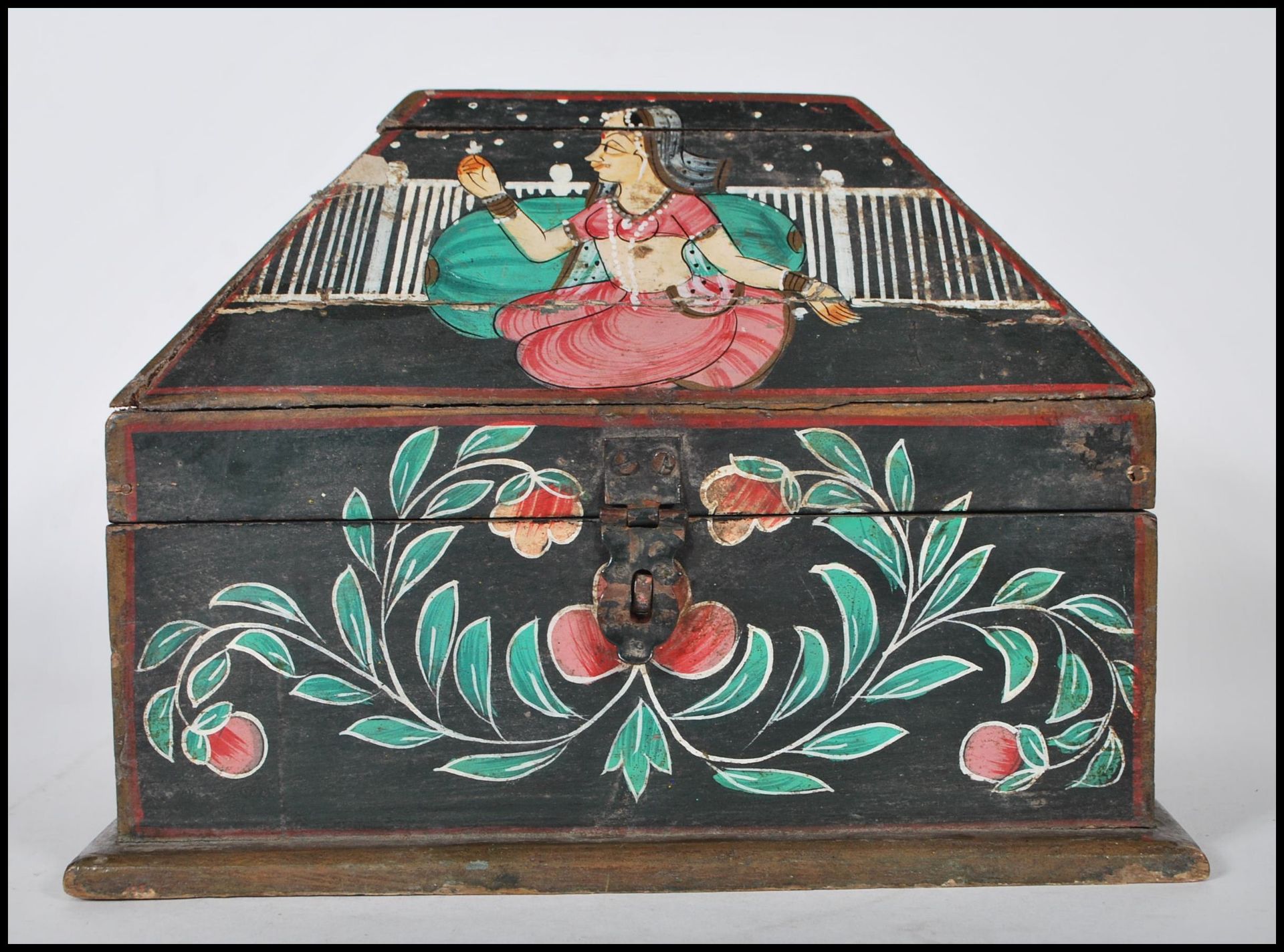 An unusual Western Indian hand painted small rice box casket belonging to the vendors family who
