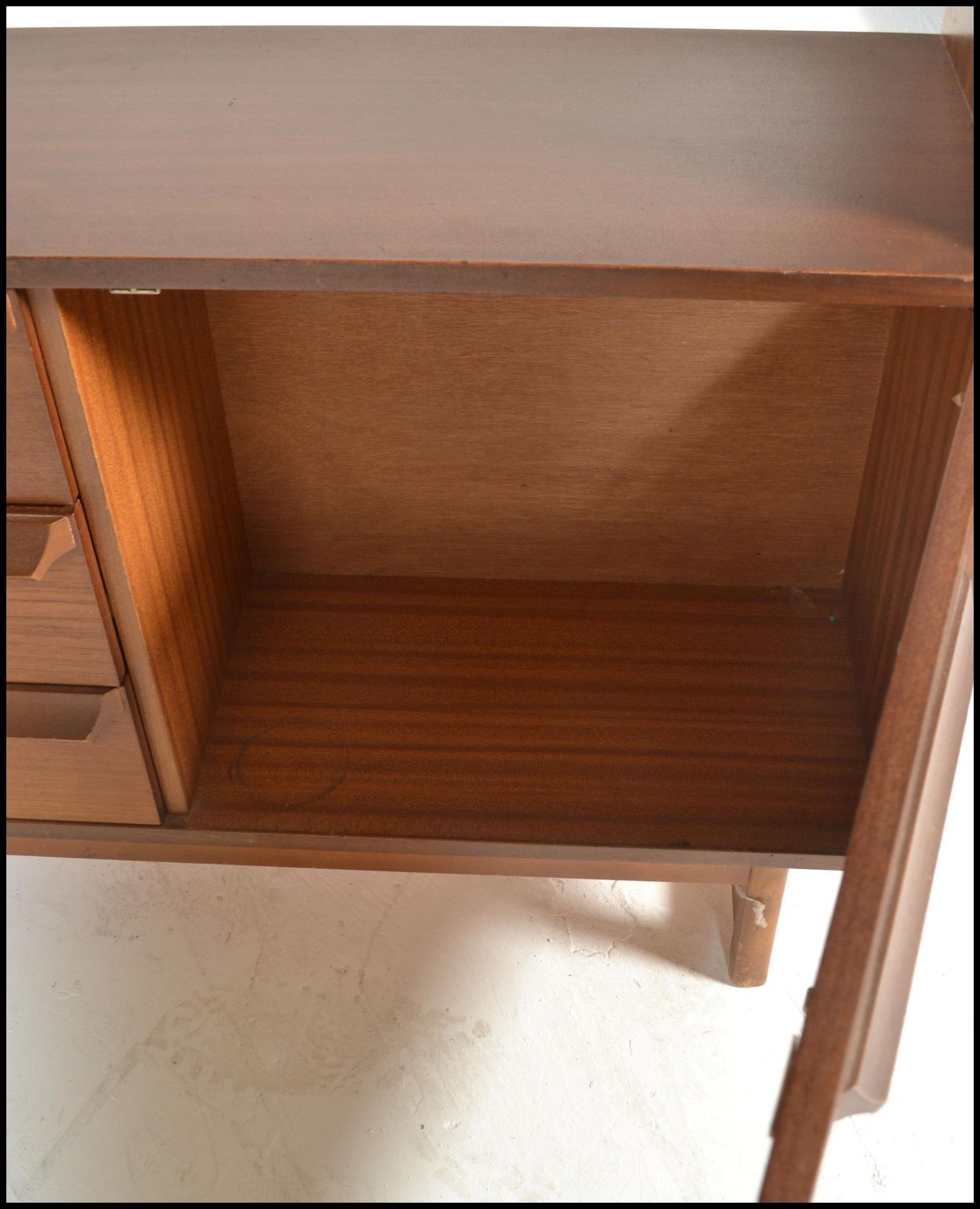 A retro mid 20th Century teak wood room unit having fitted shelves with one being adjustable above a - Image 5 of 5