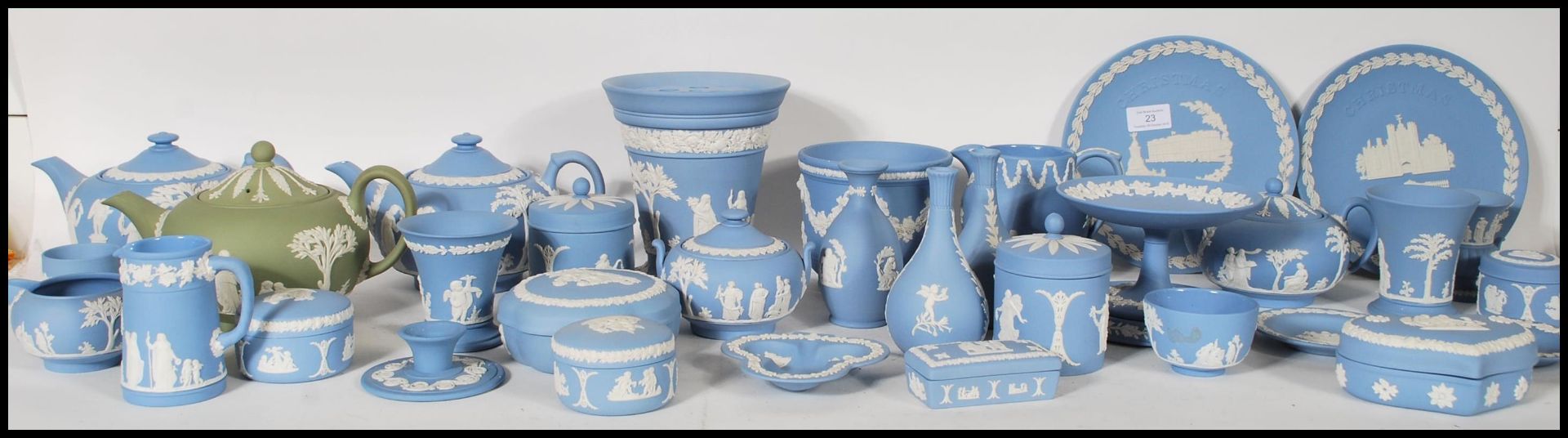 A large collection of 20th Century Wedgwood Jasperware ceramics to included lidded trinket pots,