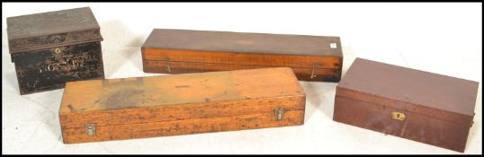 A a group of antique boxes to include a 19th Century Georgian mahogany writing slope having twin