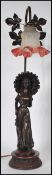 A cold painted bronze finish Art Nouveau style lamp in the form of a maiden holding a parasol. The