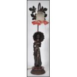A cold painted bronze finish Art Nouveau style lamp in the form of a maiden holding a parasol. The