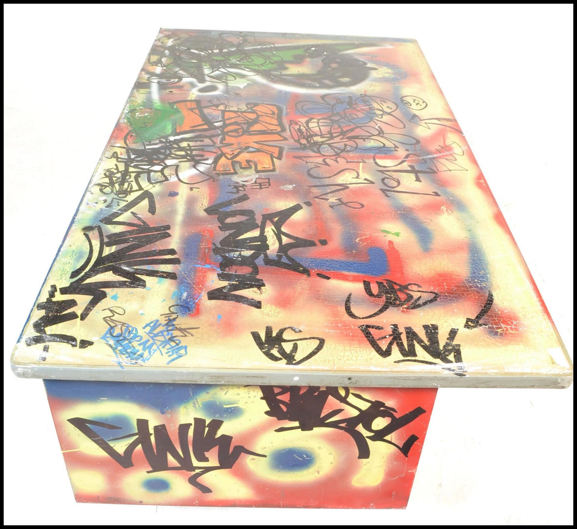 A mid century metal Industrial desk being upcycled with Graffiti  and spray painted finish having - Image 9 of 9