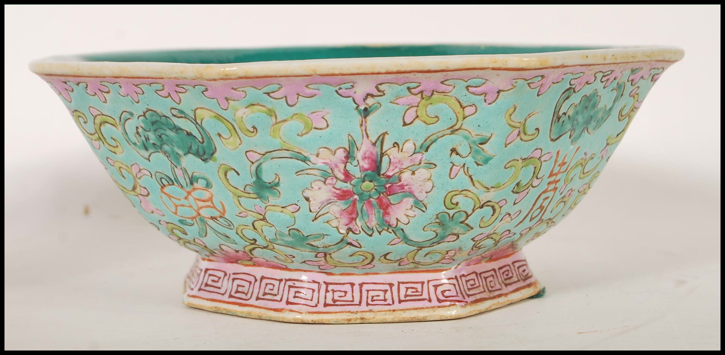 A Chinese Cantonese ( Canton ) footed centerpiece bowl of octagonal form having a blue ground - Image 4 of 6