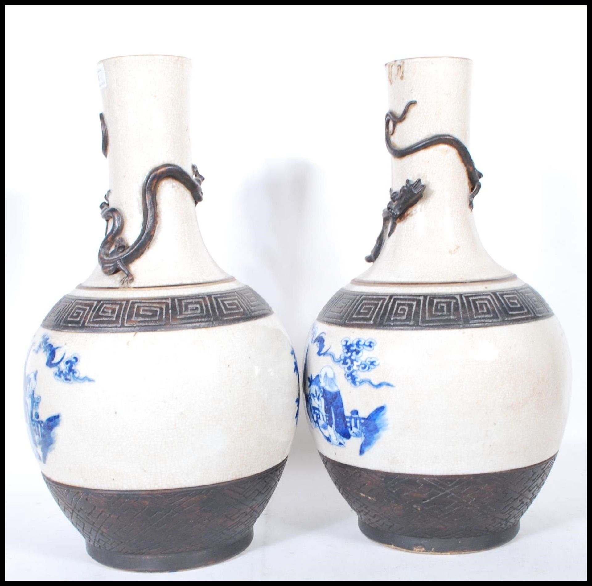 A pair of late 19th Century tall crackle glaze vases of baluster form, each with a panel to the - Bild 4 aus 6