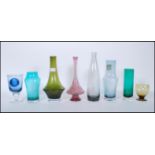 A selection of vintage retro 20th Century coloured studio glass vases of various forms to include
