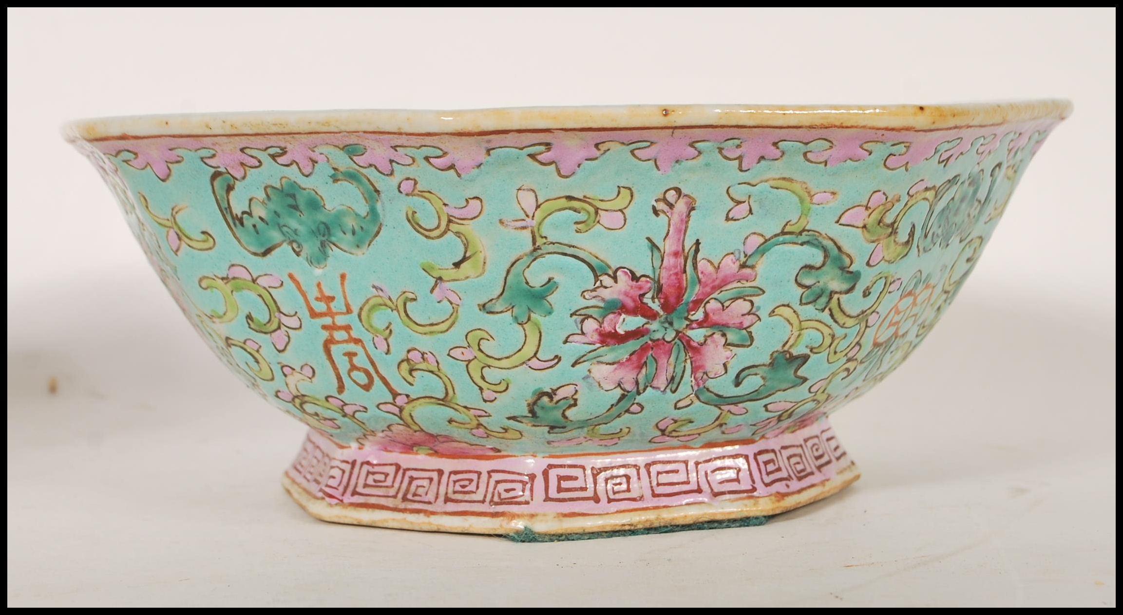 A Chinese Cantonese ( Canton ) footed centerpiece bowl of octagonal form having a blue ground - Image 3 of 6