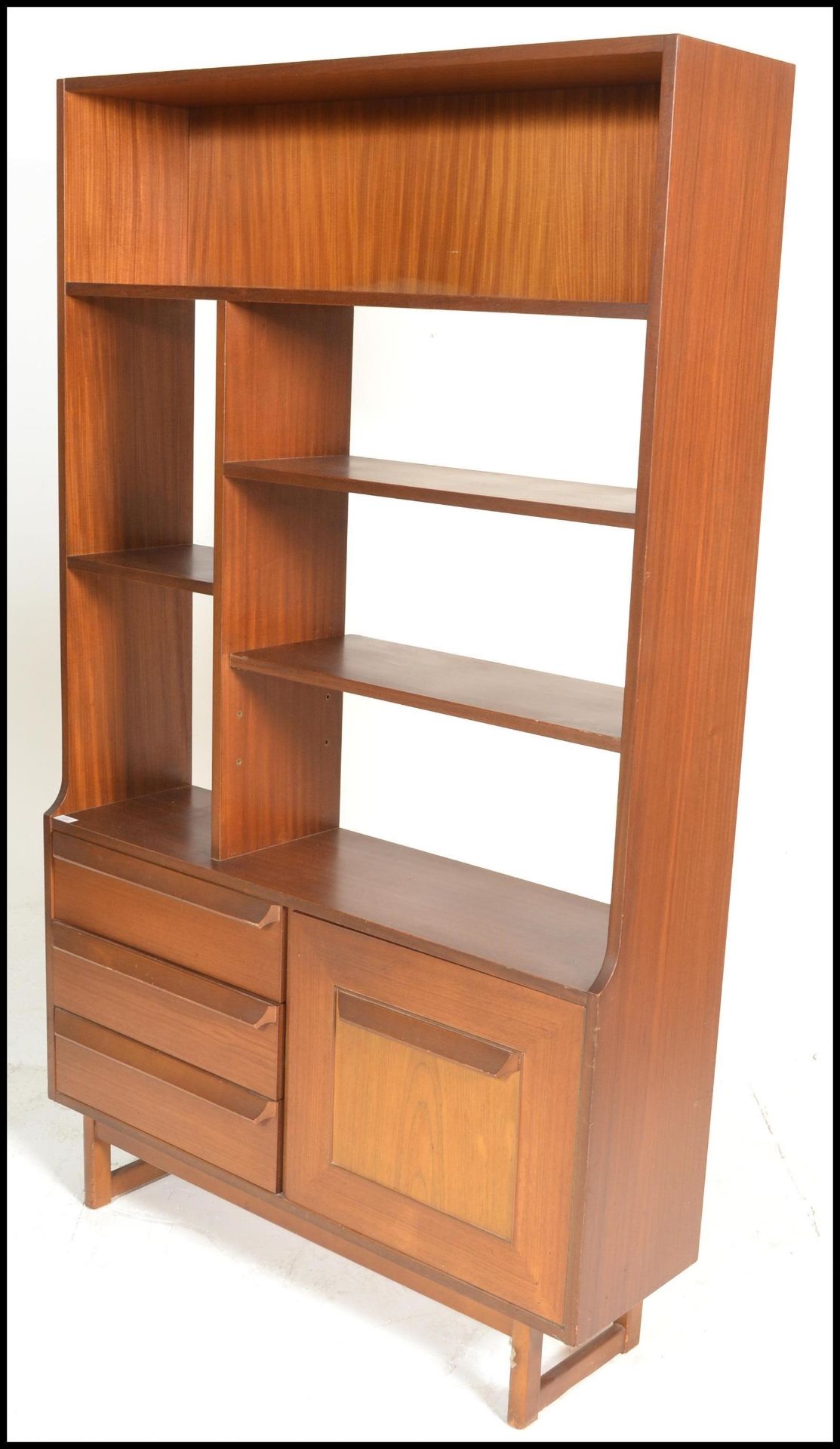 A retro mid 20th Century teak wood room unit having fitted shelves with one being adjustable above a - Image 3 of 5