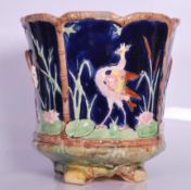 A 19th Century Majolica planter in the manner of George Jones, bamboo effect rim decorated with