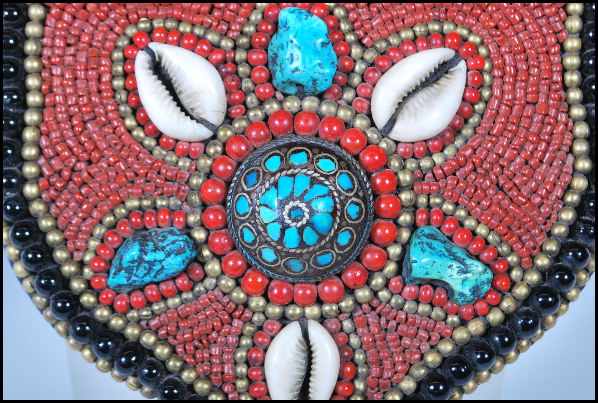 A 20th Century Tibetan tribal collar necklace constructed from a fabric panel stitched with red - Image 3 of 17