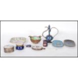 A collection of 20th Century enamel wares to include two Chinese Cloisonne dishes one decorated with