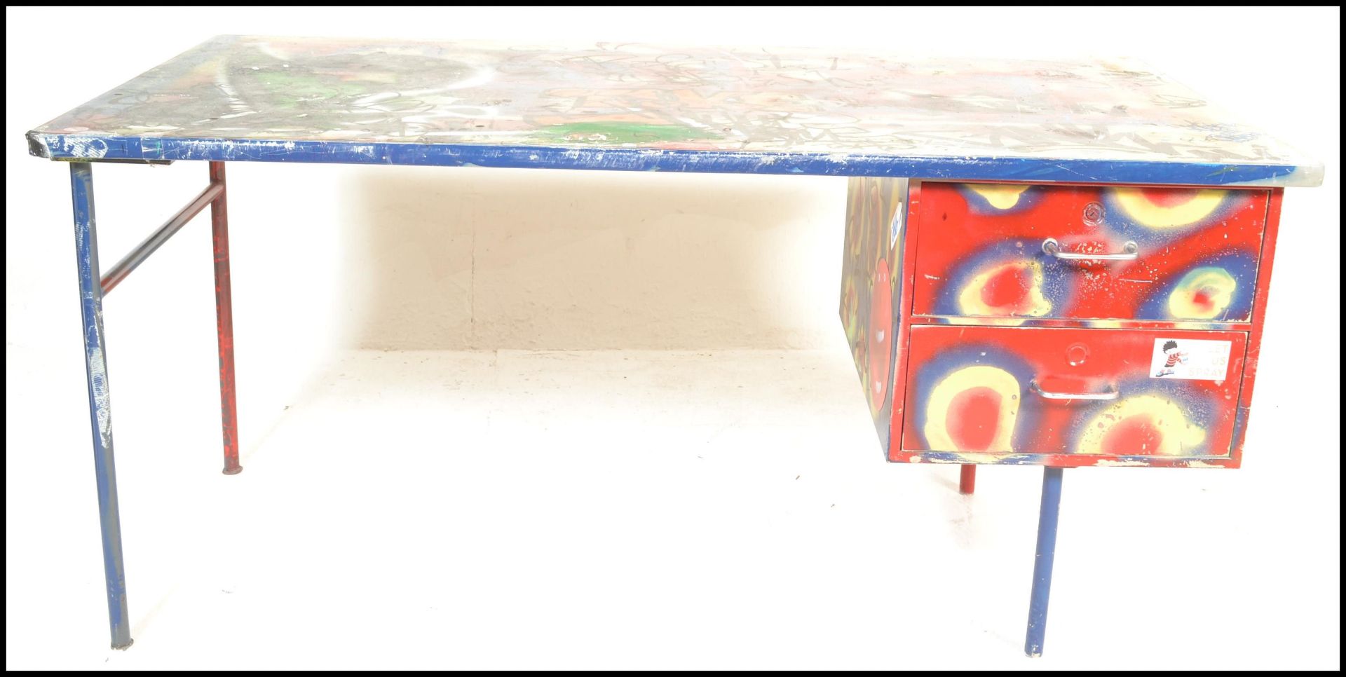A mid century metal Industrial desk being upcycled with Graffiti  and spray painted finish having - Image 3 of 9