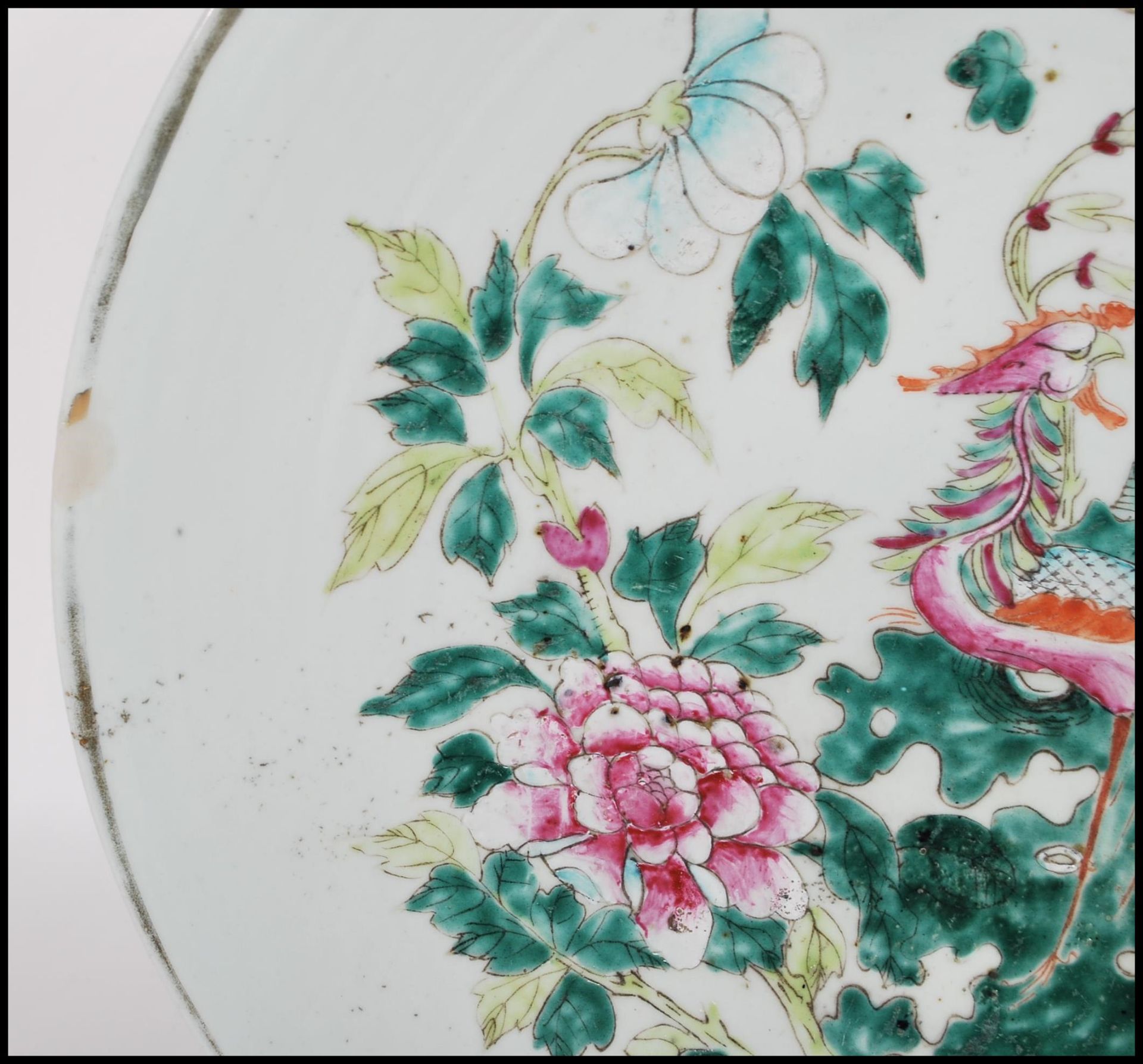 A large 19th Century Chinese Canton wall charger plate of round form having a celadon ground, - Image 5 of 7