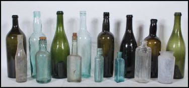 Glass bottles (15). Assortment of green / clear all antique or vintage. Various shapes & sizes.