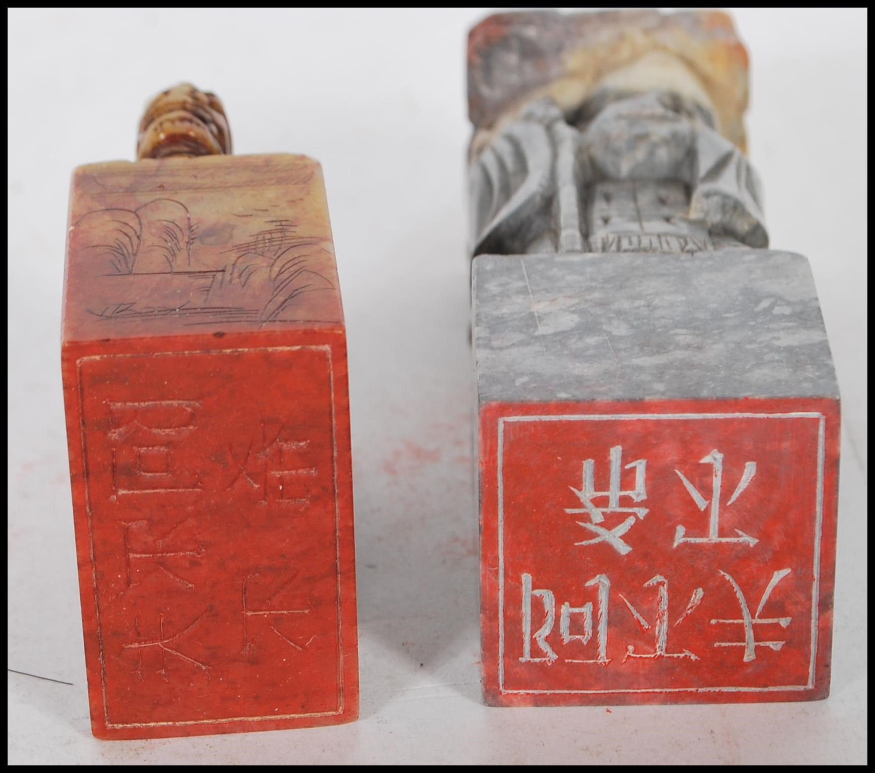Two 20th Century Chinese carved soapstone cylinder desk seals of rectangular form, one carved into - Image 16 of 16