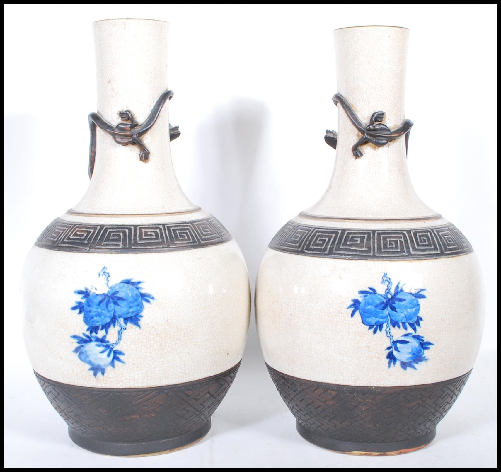 A pair of late 19th Century tall crackle glaze vases of baluster form, each with a panel to the - Image 3 of 6