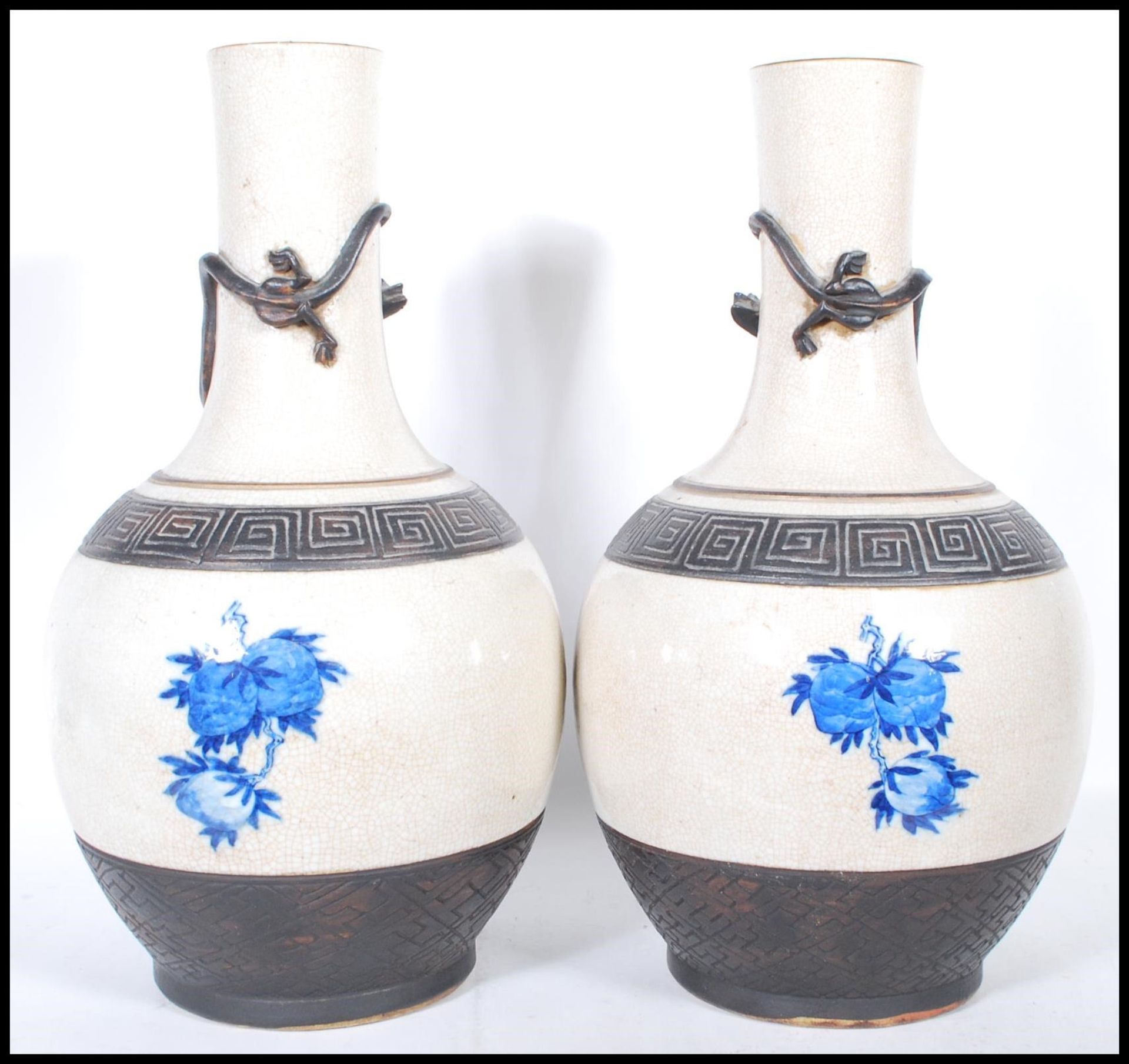 A pair of late 19th Century tall crackle glaze vases of baluster form, each with a panel to the - Bild 3 aus 6