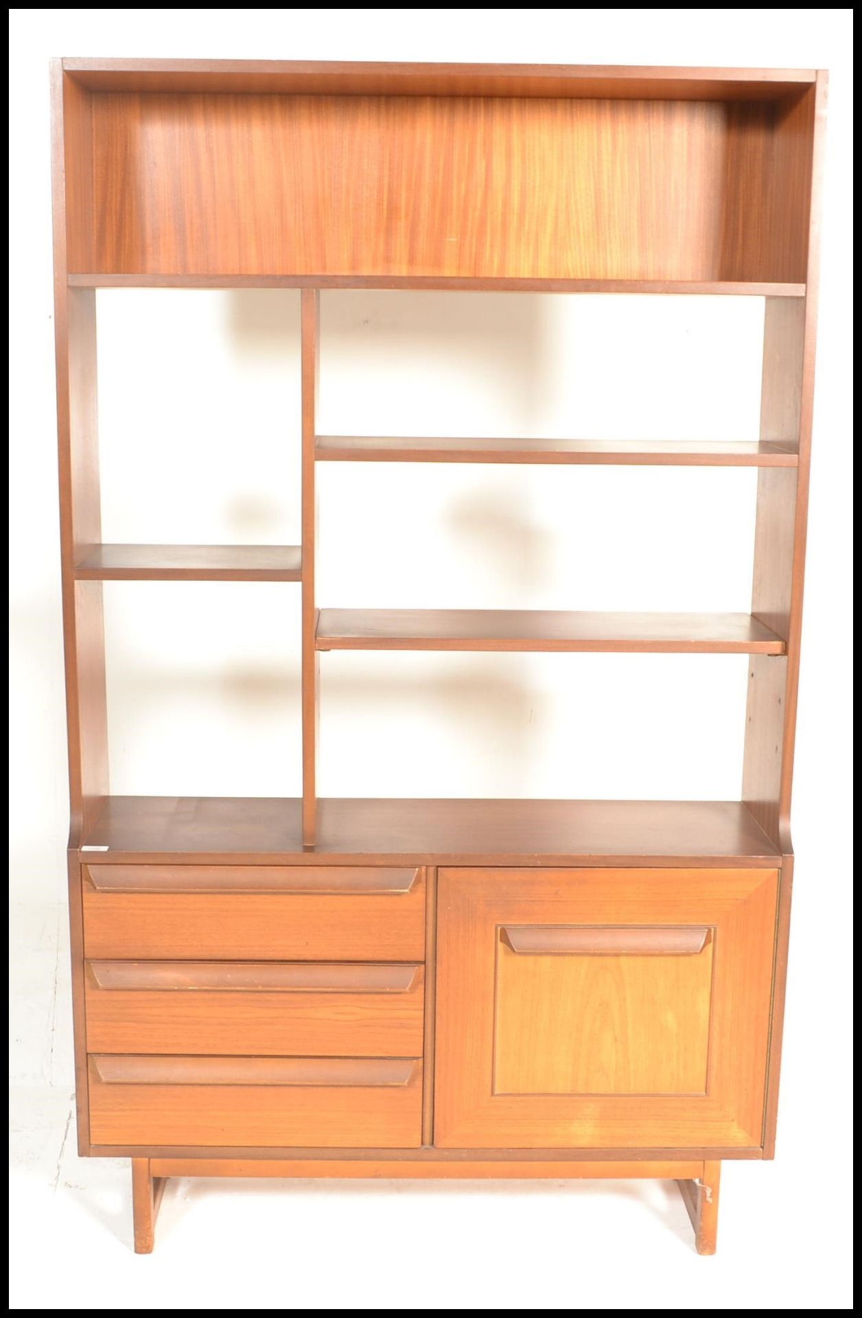 A retro mid 20th Century teak wood room unit having fitted shelves with one being adjustable above a - Image 2 of 5