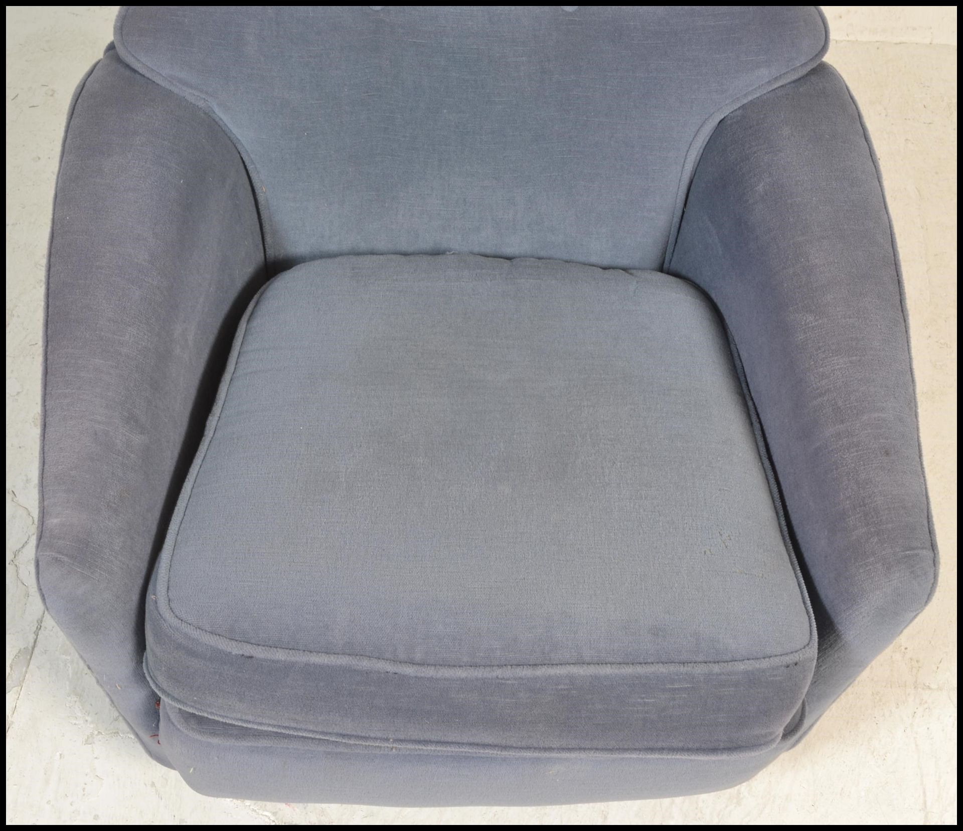 A vintage 20th Century Danish inspired arm lounge chair having blue upholstery with button back - Image 6 of 6