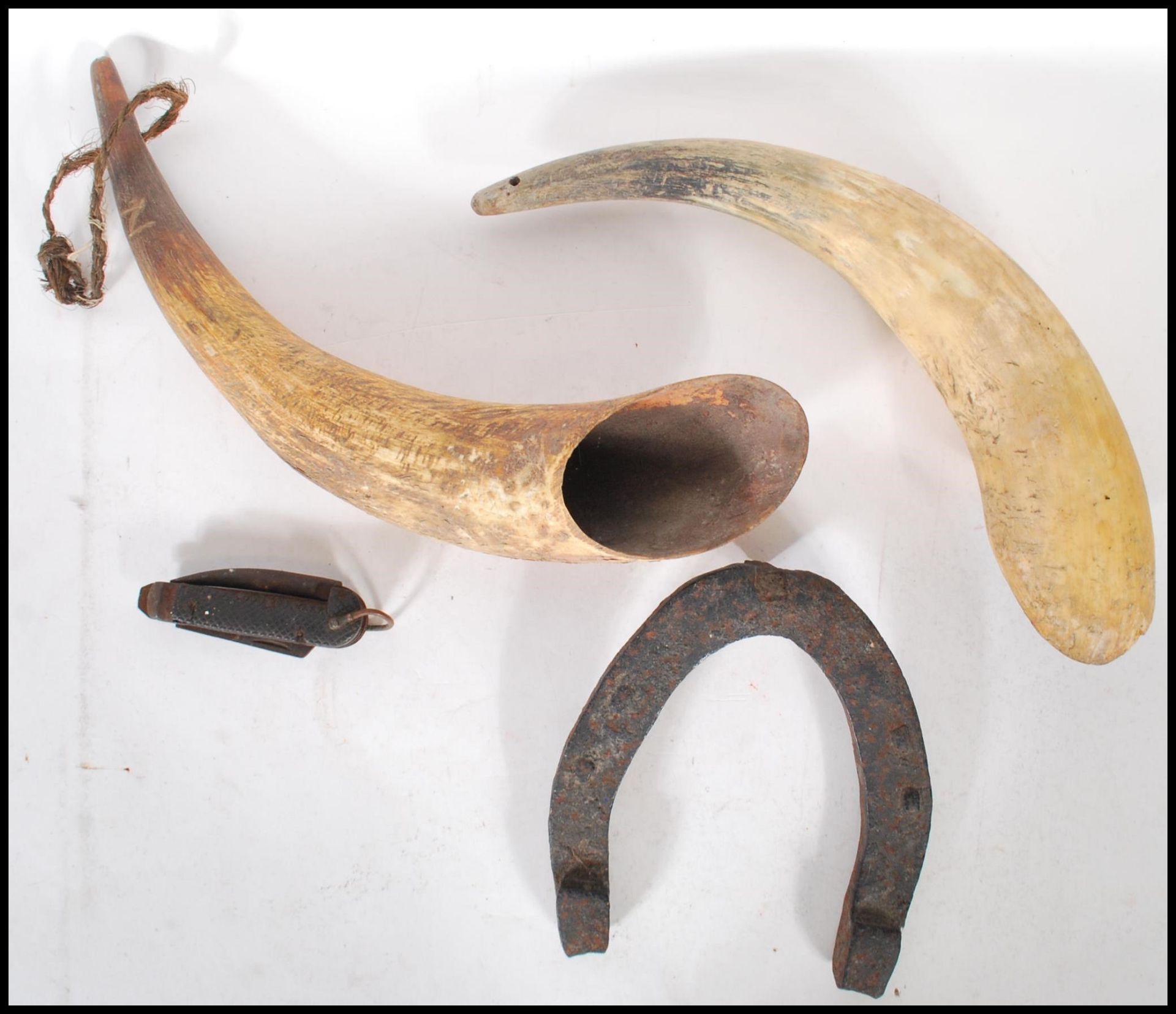 ANIMAL related antique collectables. Pair of large cow horns (possibly used as farm scoops for