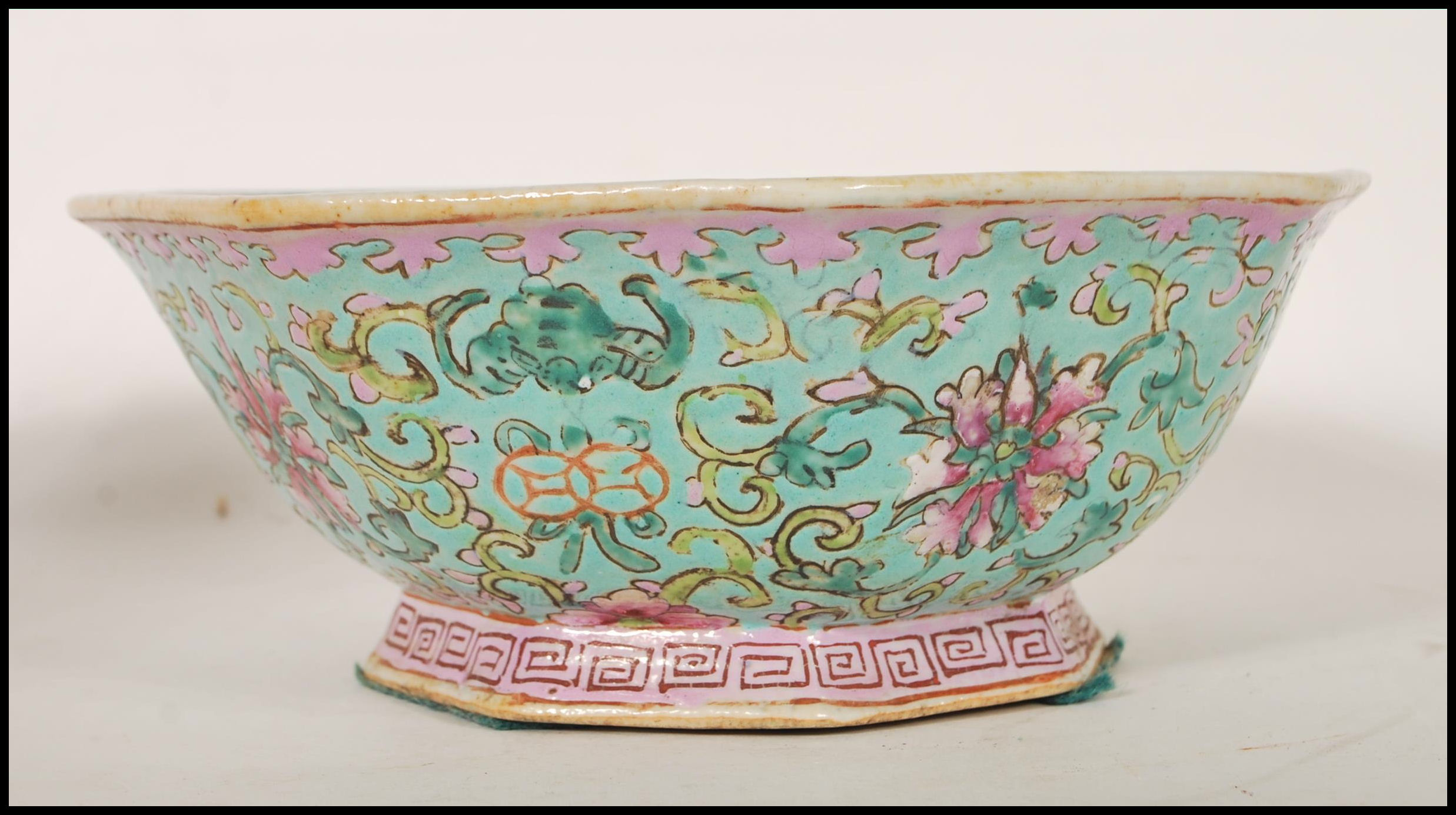 A Chinese Cantonese ( Canton ) footed centerpiece bowl of octagonal form having a blue ground - Image 2 of 6