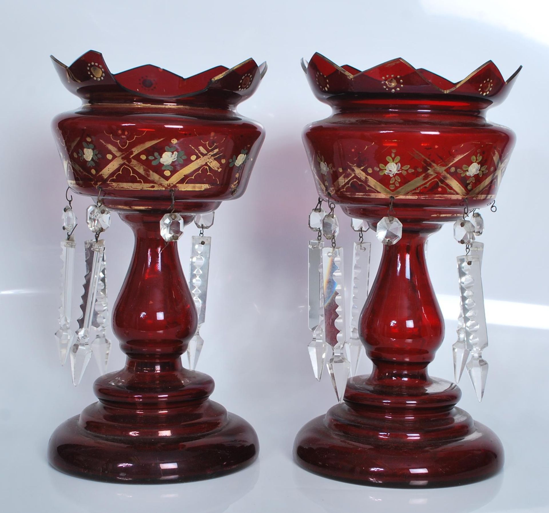 A pair of 19th Century Victorian ruby glass lustres, gilded decoration, on circular platform - Bild 2 aus 3