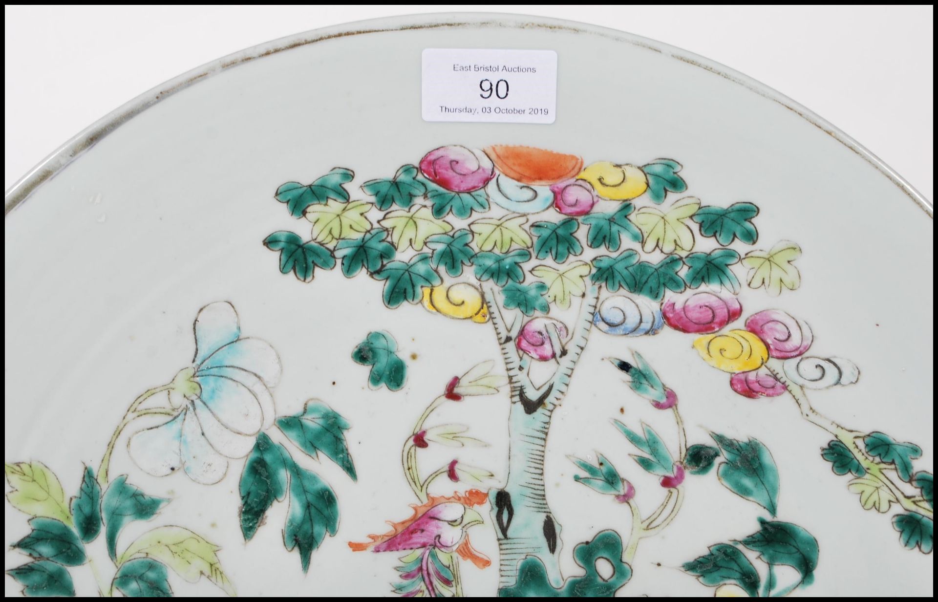 A large 19th Century Chinese Canton wall charger plate of round form having a celadon ground, - Image 2 of 7