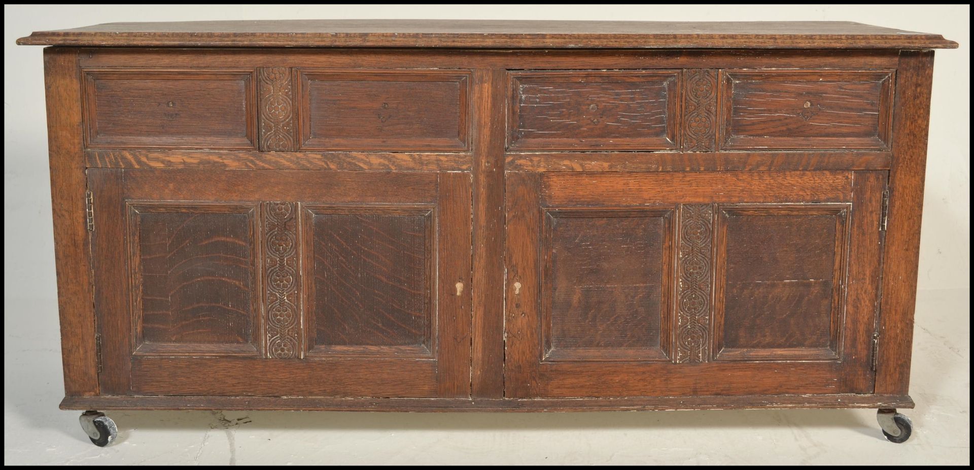 A 20th Century Jacobean revival panel oak coffer chest, panel sides and front with hinged top raised - Image 3 of 9