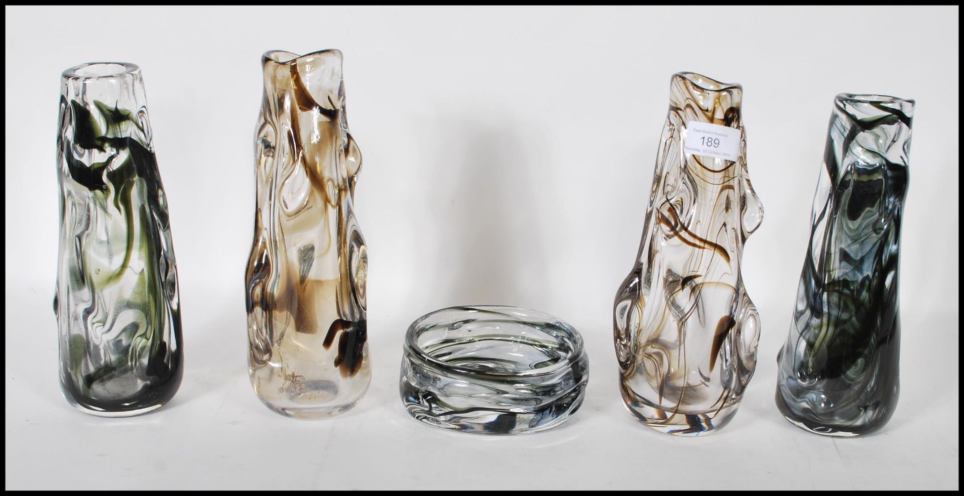 A selection of 20th Century retro glass vases of textured form all having trailed marble design to - Bild 2 aus 8