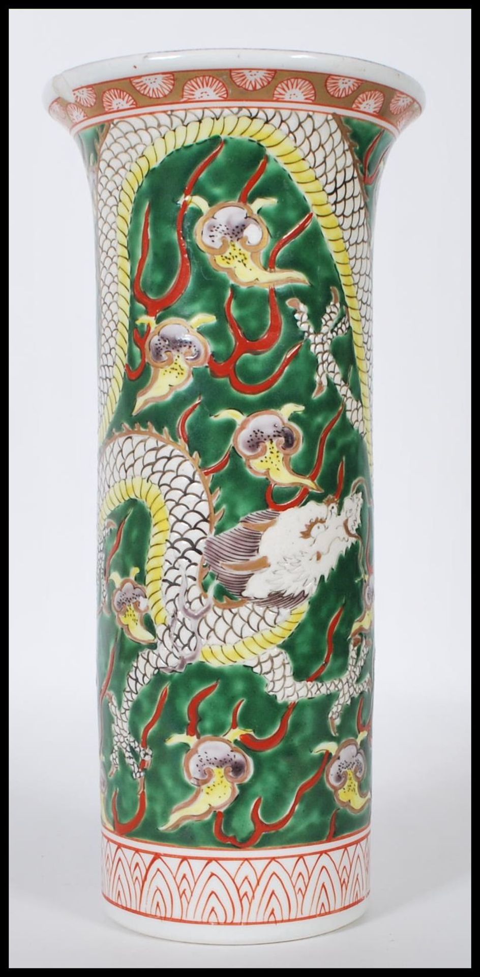 A 20th Century Chinese famille verte vase of flared cylindrical form having hand enamelled dragon