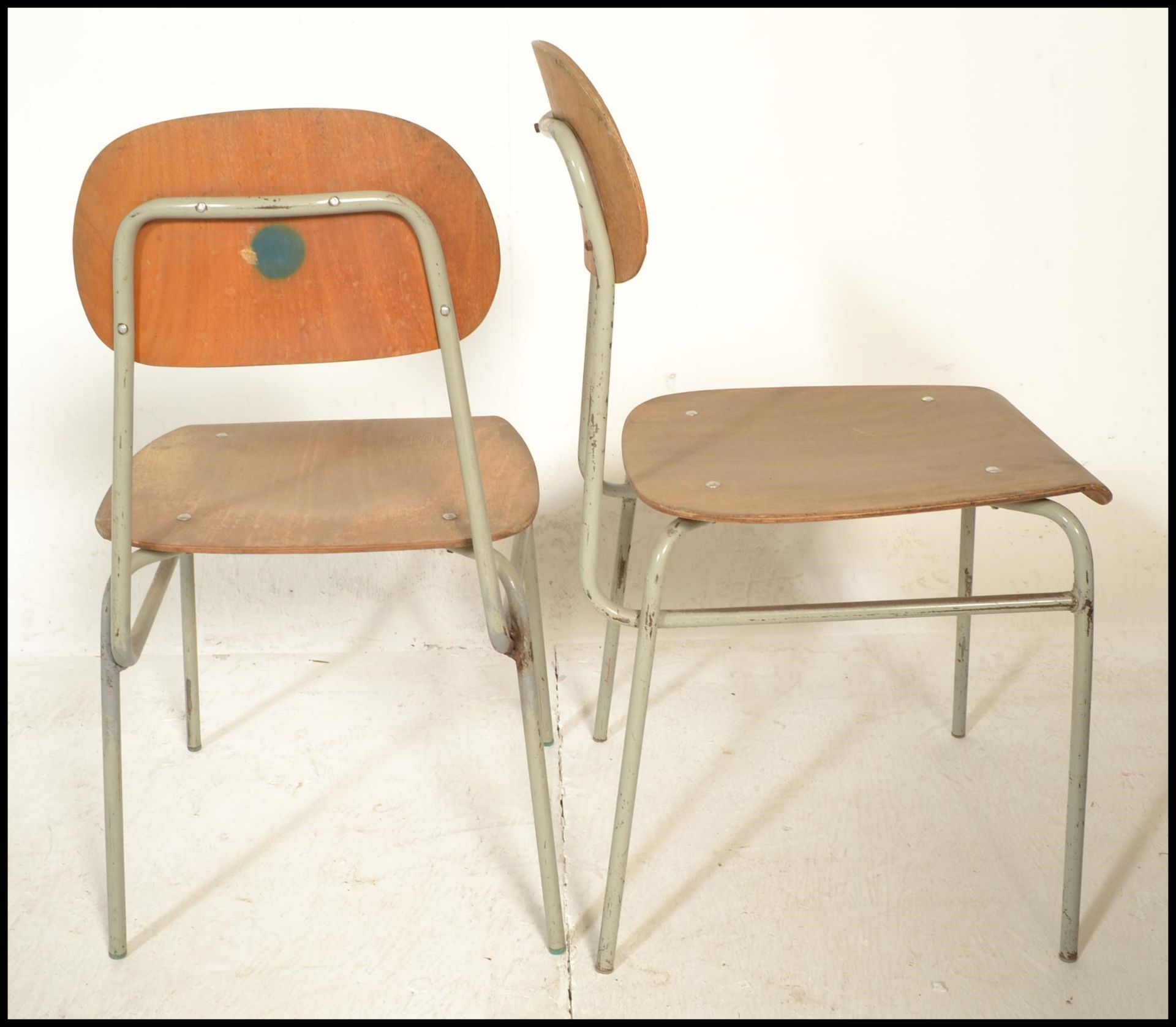 A set of 9 mid 20th century bentwood and tubular metal industrial stacking chairs. Each with painted - Image 5 of 5