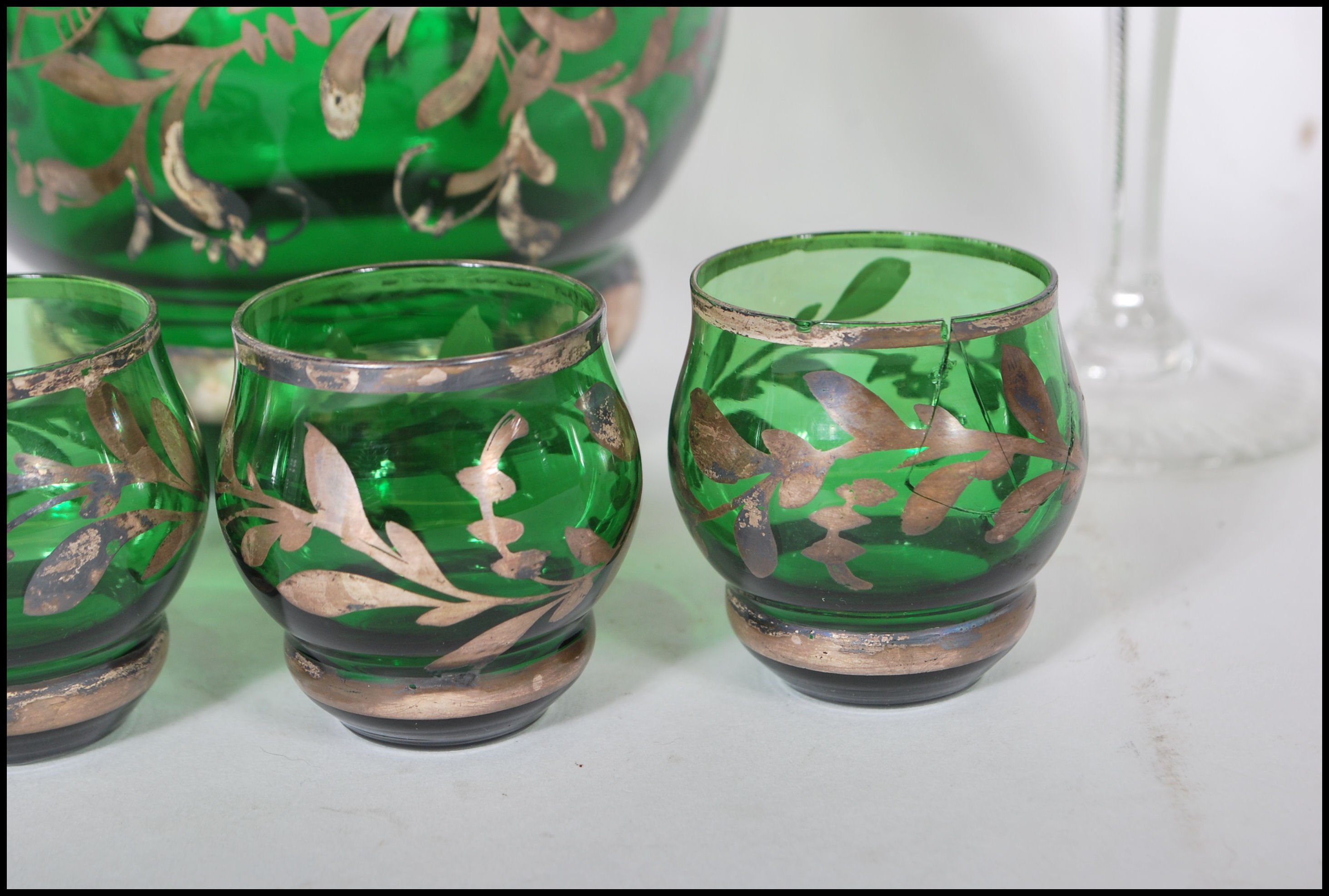 A believed 19th century Loetz manner silver overlay green glass Bohemian decanter and shot glass set - Image 3 of 7