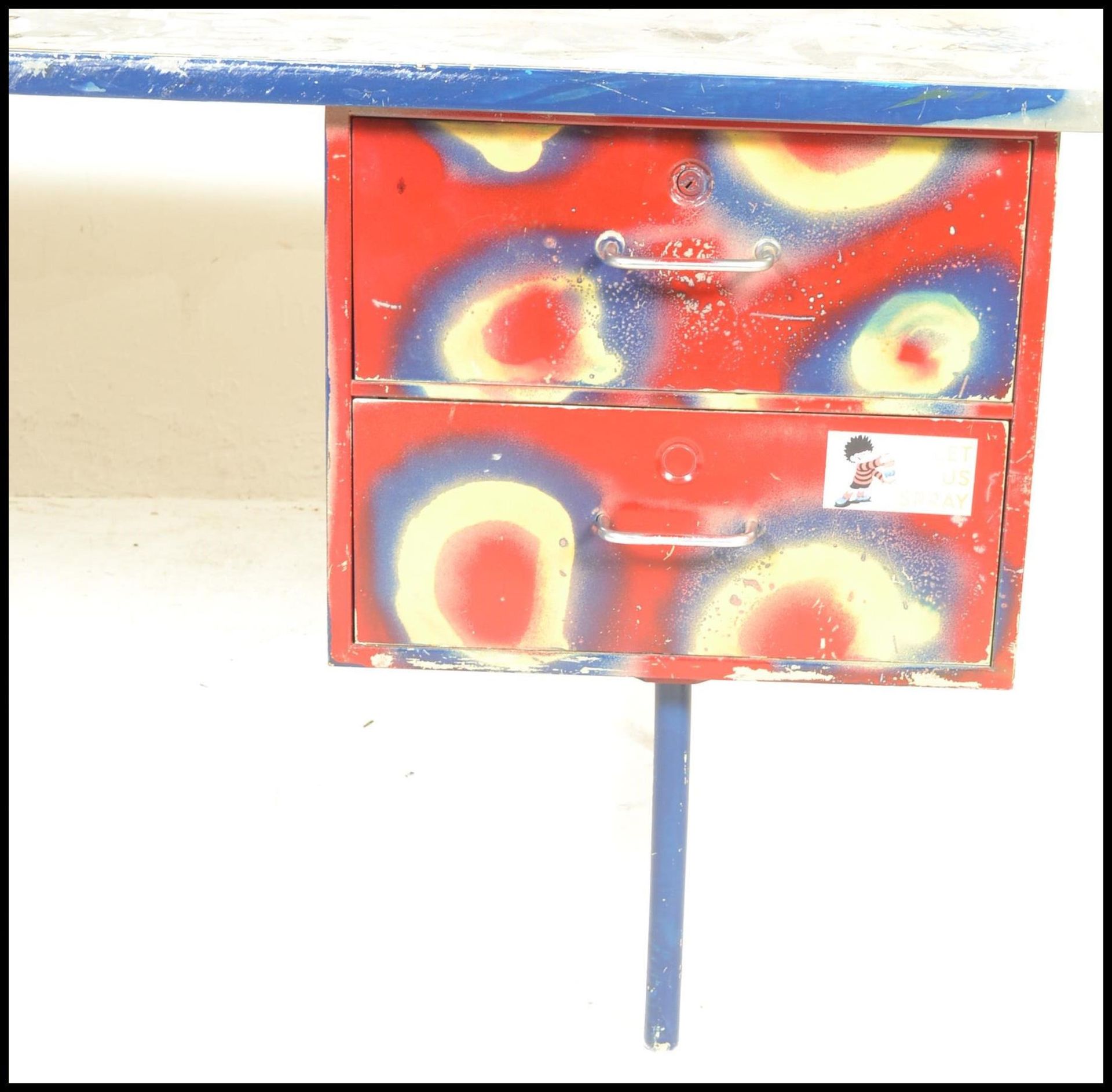 A mid century metal Industrial desk being upcycled with Graffiti  and spray painted finish having - Image 6 of 9