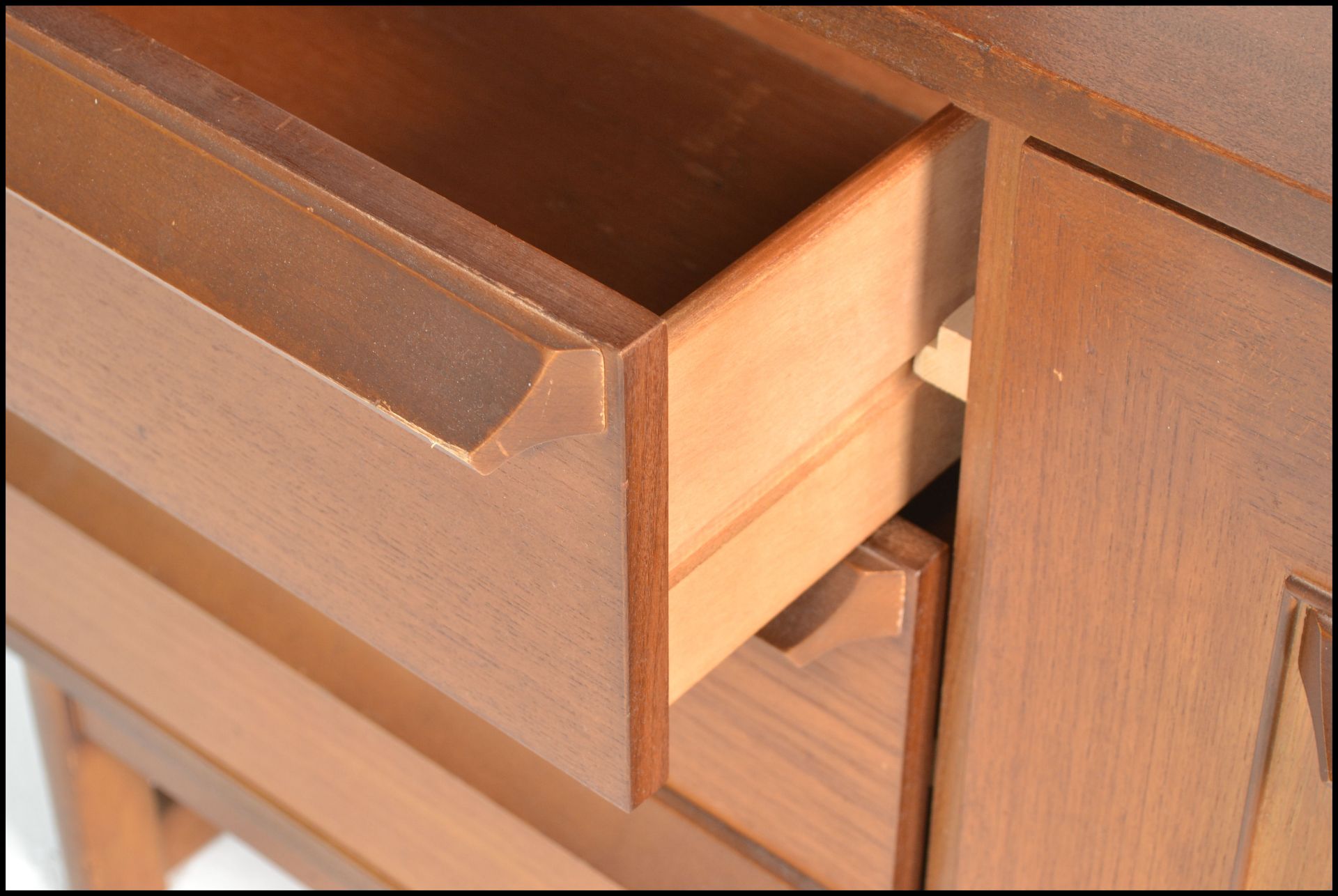 A retro mid 20th Century teak wood room unit having fitted shelves with one being adjustable above a - Image 4 of 5