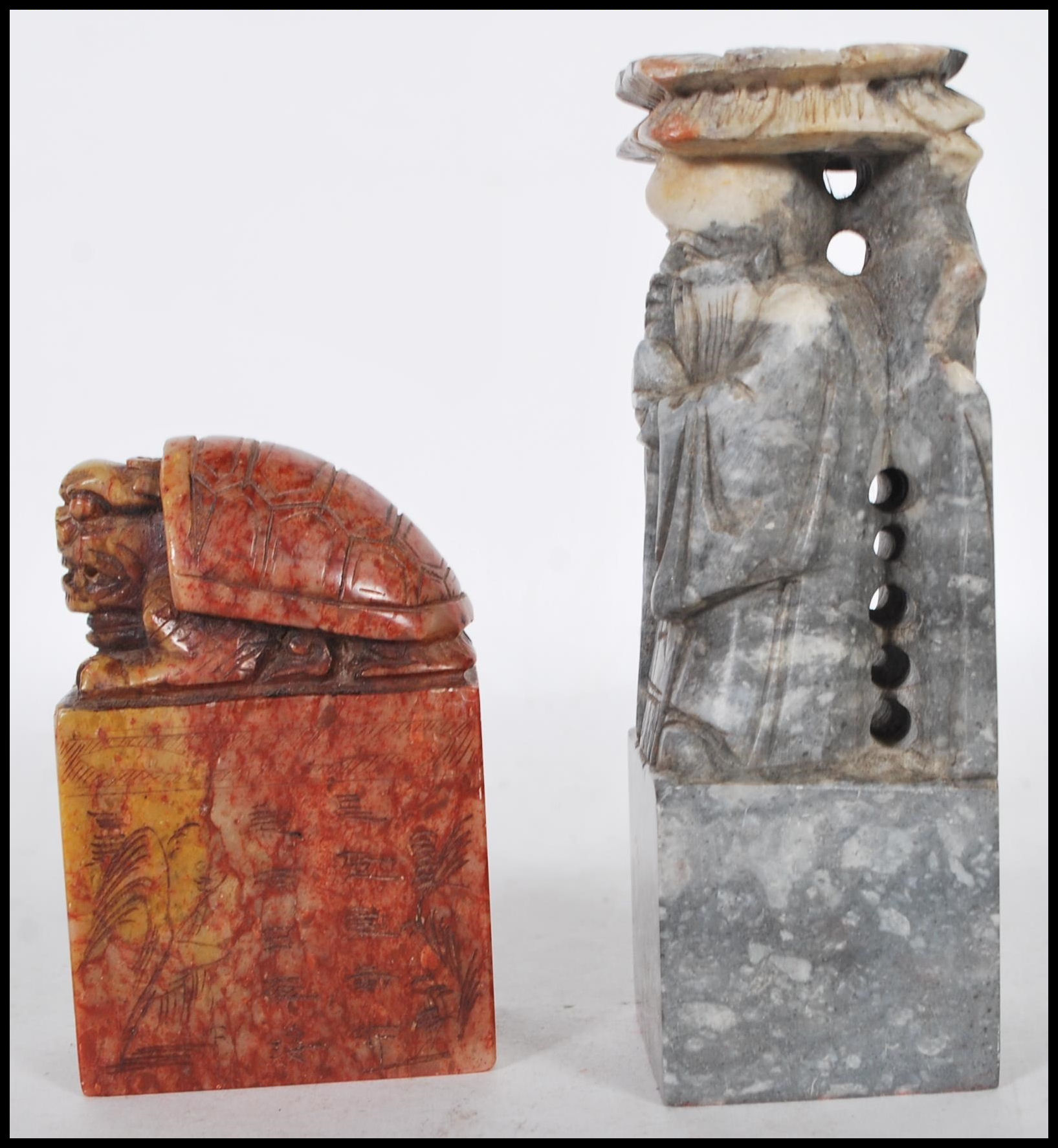 Two 20th Century Chinese carved soapstone cylinder desk seals of rectangular form, one carved into - Image 11 of 16