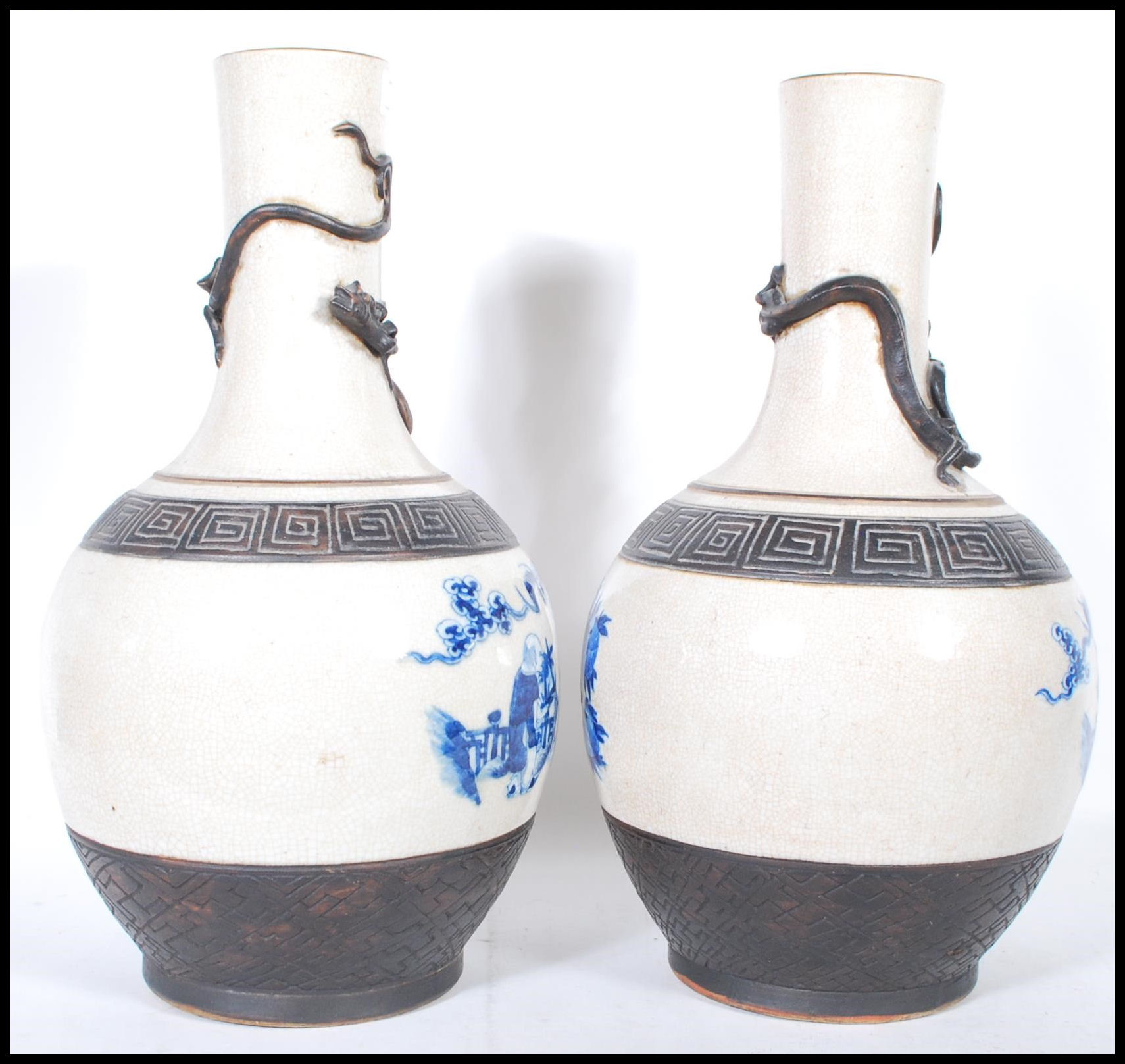 A pair of late 19th Century tall crackle glaze vases of baluster form, each with a panel to the - Image 2 of 6