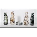 A selection of 20th Century retro glass vases of textured form all having trailed marble design to