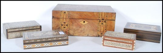 A collection of various boxes to include a 19th Century Tunbridge ware work box, a lacquered