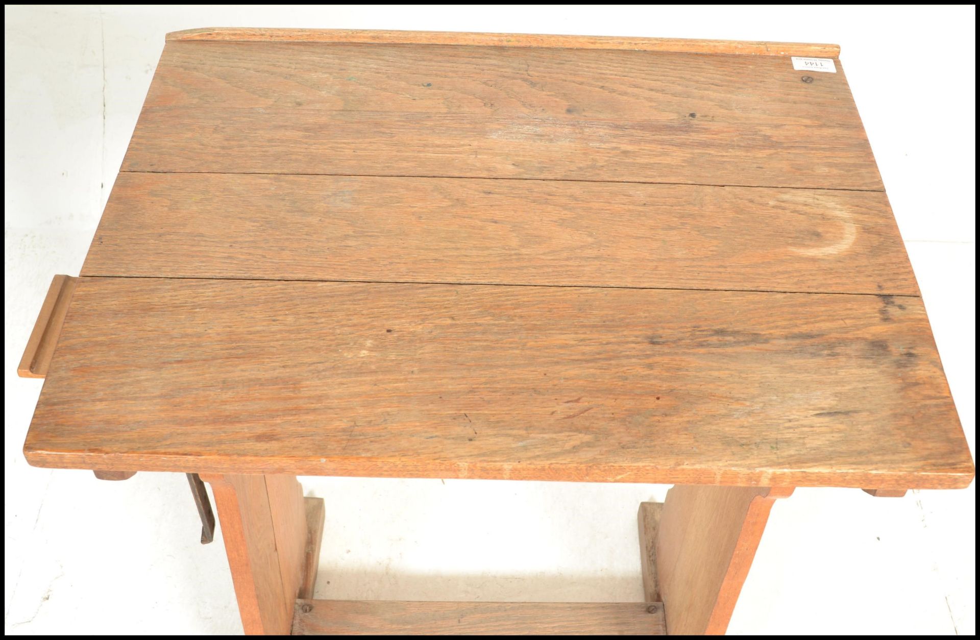 A vintage mid 20th Century beech school desk having adjustable tilt action to the top, swing out - Image 3 of 5